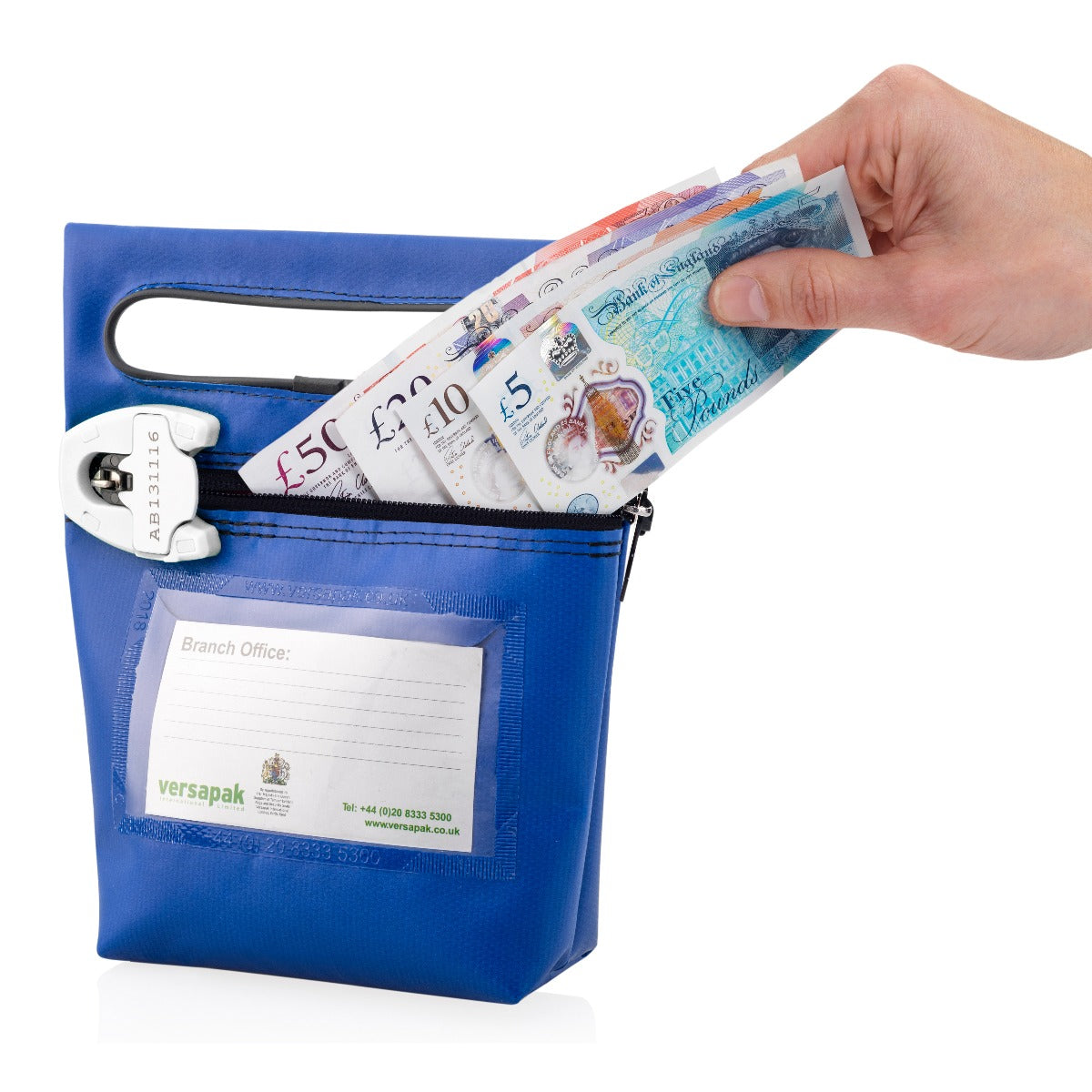 Versapak Secure Reusable Cash Bag - Carry Handle Blue Small in Action